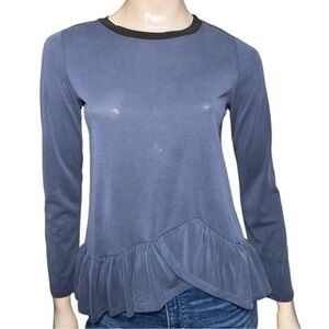 Karl Lagerfeld Women’s Size XS Navy Blue Black Trim Long Sleeve Ruffle Hem Top